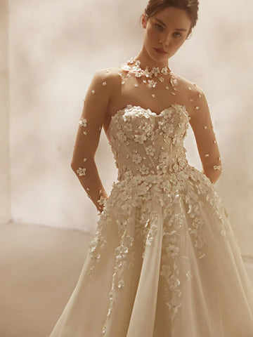 Illusion long sleeve classic appliques 3D flower romantic pearls A-line bridal gown front view