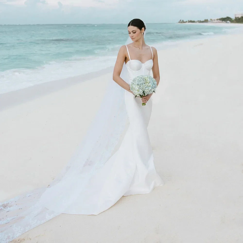 Customized Civil Wedding Dresses Brides Mermaid Spaghetti Straps Crepe Beach Bridal Dress - Image 1