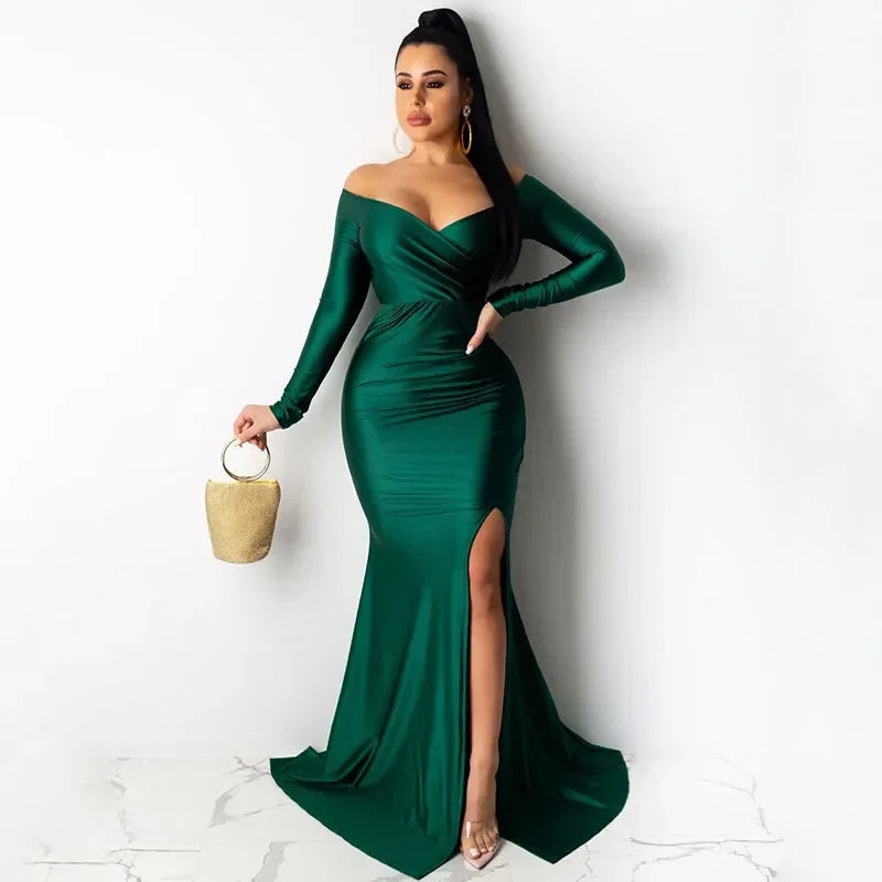 Sexy off-shoulder slash neck formal occasion long sleeve split mermaid long evening club party dress