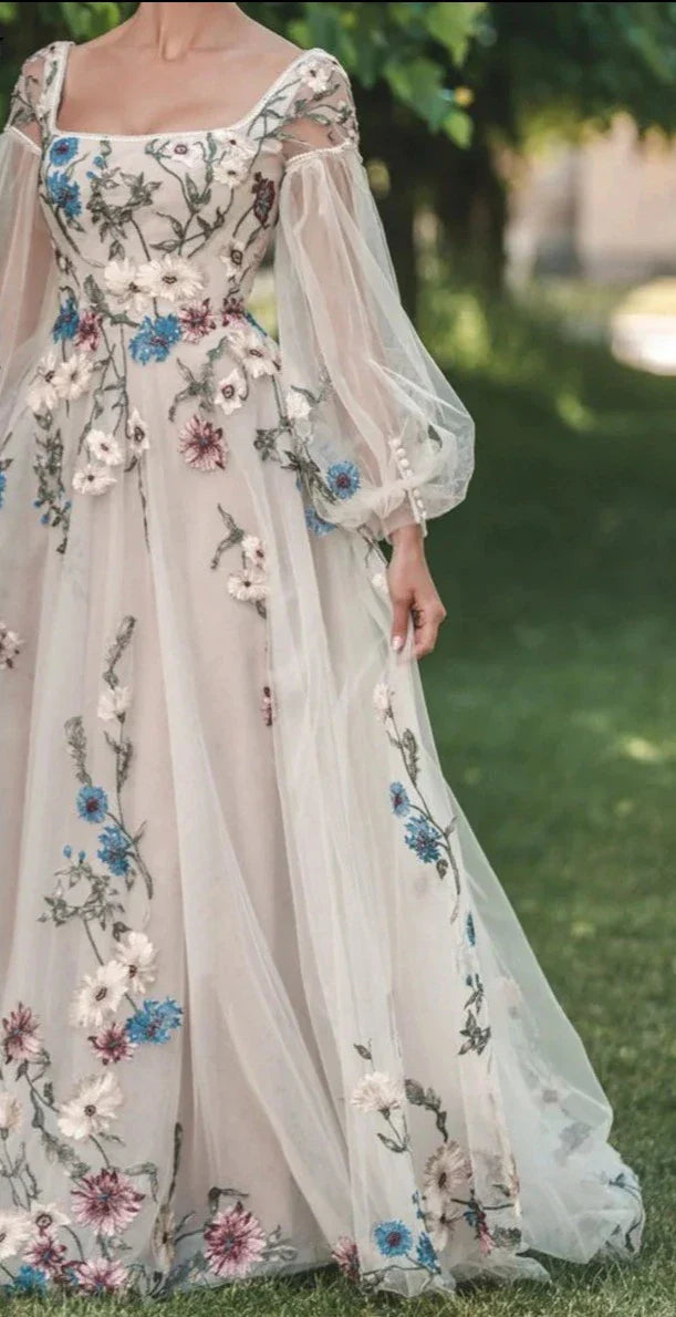 Colorful Embroidery Tulle A Line Wedding Dress Custom Made Boat Neck  Backless Plus Size Maxi Garden Bridal Gown