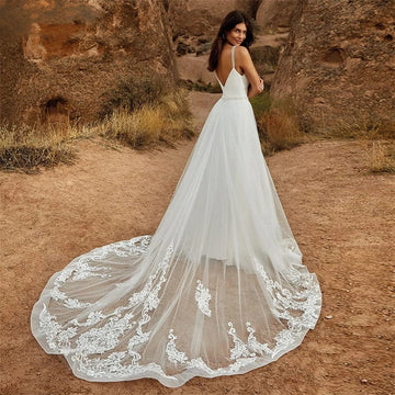 Detachable Skirt Two Pieces Bridal Dresses 2 In 1 Wedding JumpSuit With Pants Suit For Women Lace Tulle V-Neck Sweep Train Gowns