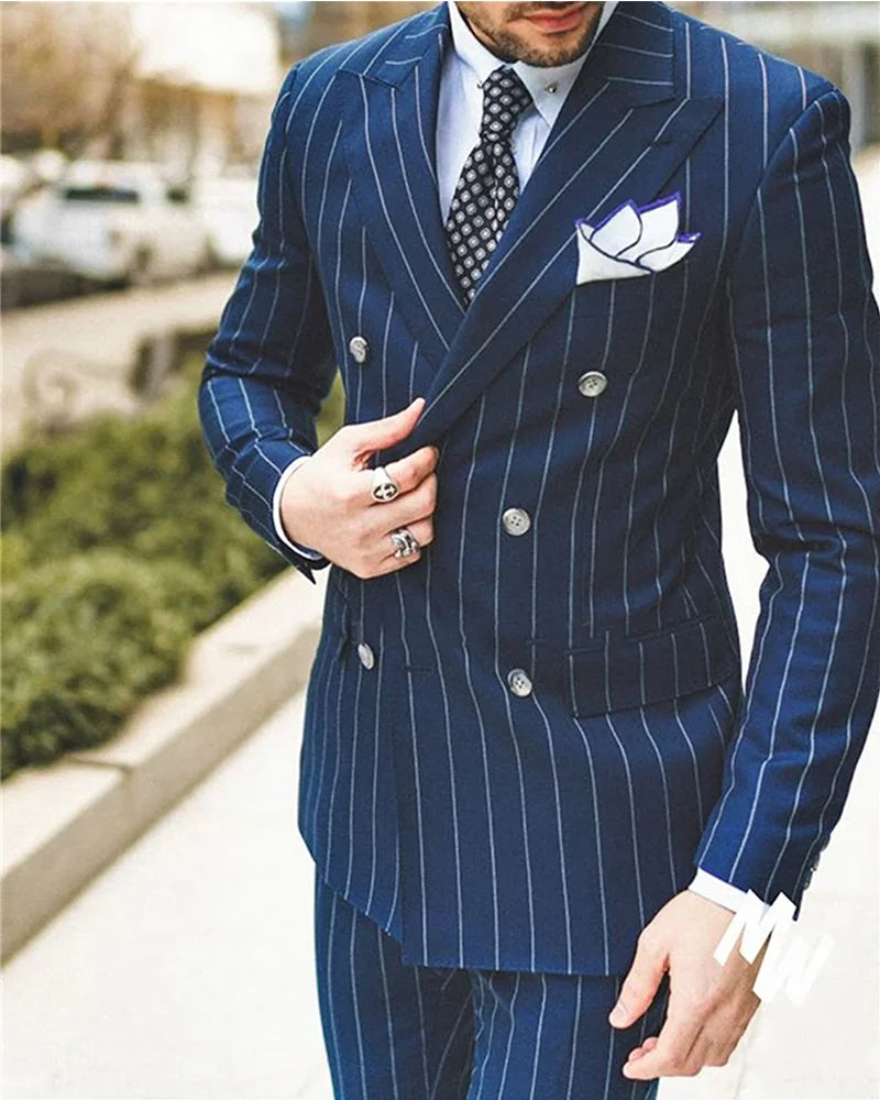 Navy blue striped slim double breasted groom wedding tuxedo classic business 2 piece back view