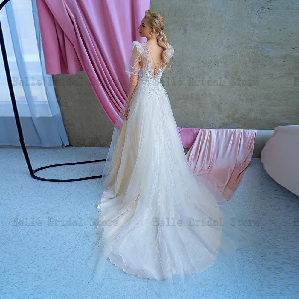 Elegant Tulle Wedding Dresses Deep V Neck Puff Sleeves Illusion Bridal Gowns Appliques Back Button Sweep Train Robe De Mariee