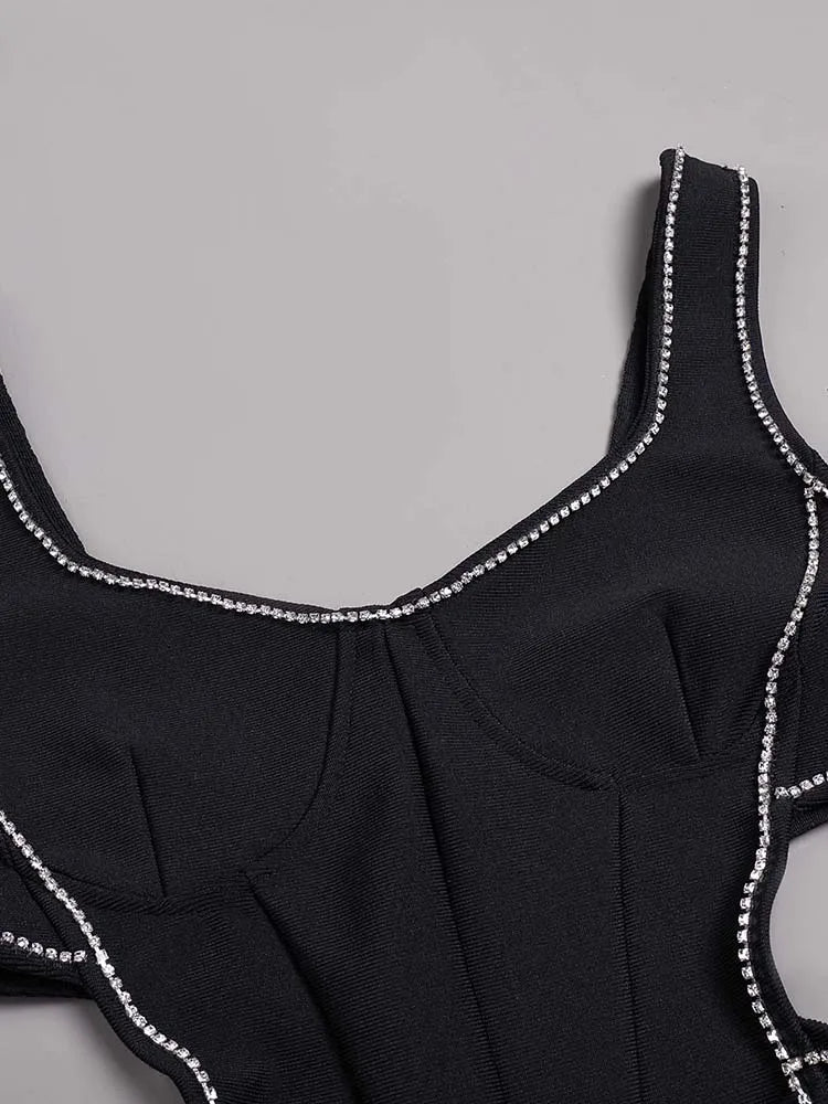 Sexy V-neck crystal diamond sleeveless split bodycon bandage celebrity party club dress detail