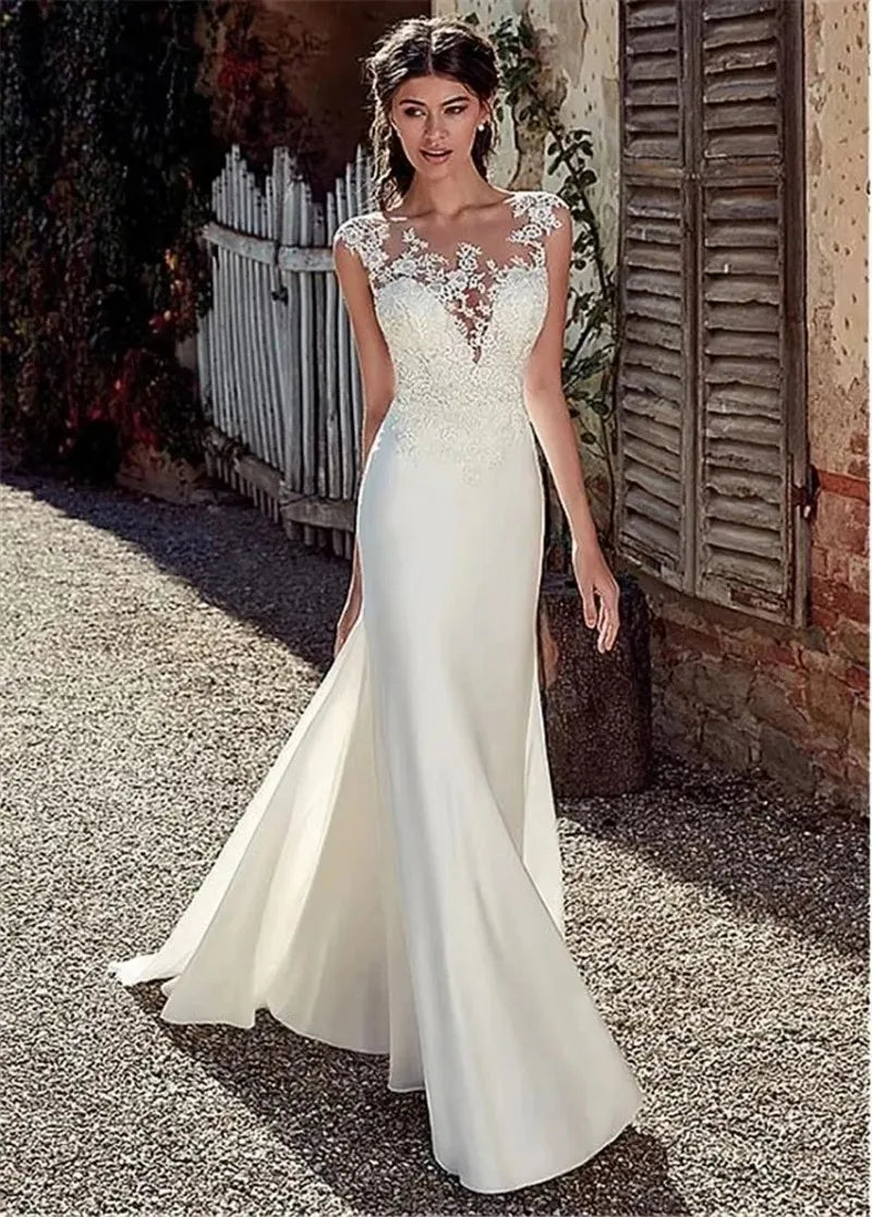 Sexy beach mermaid wedding dress 2026 sheer neck lace appliques satin boho bridal gown