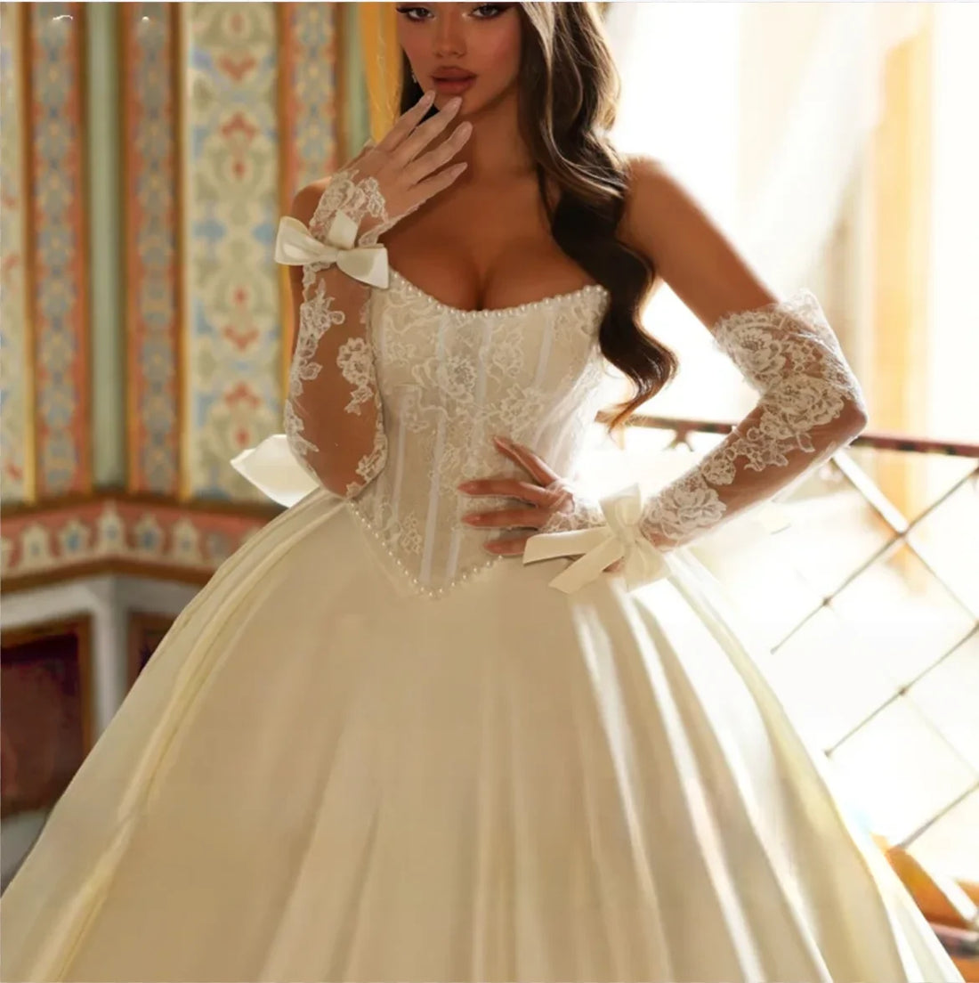 Customized Exquisite Long Sleeve Ball Gown Wedding Dress Luxury Pearls Beading Satin Vestidos De Novia Princess Bridal Gown