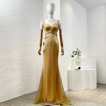 Women's Golden Diamonds Sexy High Quality V Neck 2025 Beach Style Elegant New Fashion Sleeveless Maxi Dresses for Party