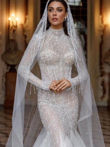 Modest High Collar Long Sleeve Wedding Dress Sparkly Sequins Crystal Bridal Gown Graceful Mermaid Bride Robe Vestidos De Novia