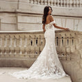 Off-the-shoulder sweetheart lace appliques buttons court train charming mermaid wedding dress ivory