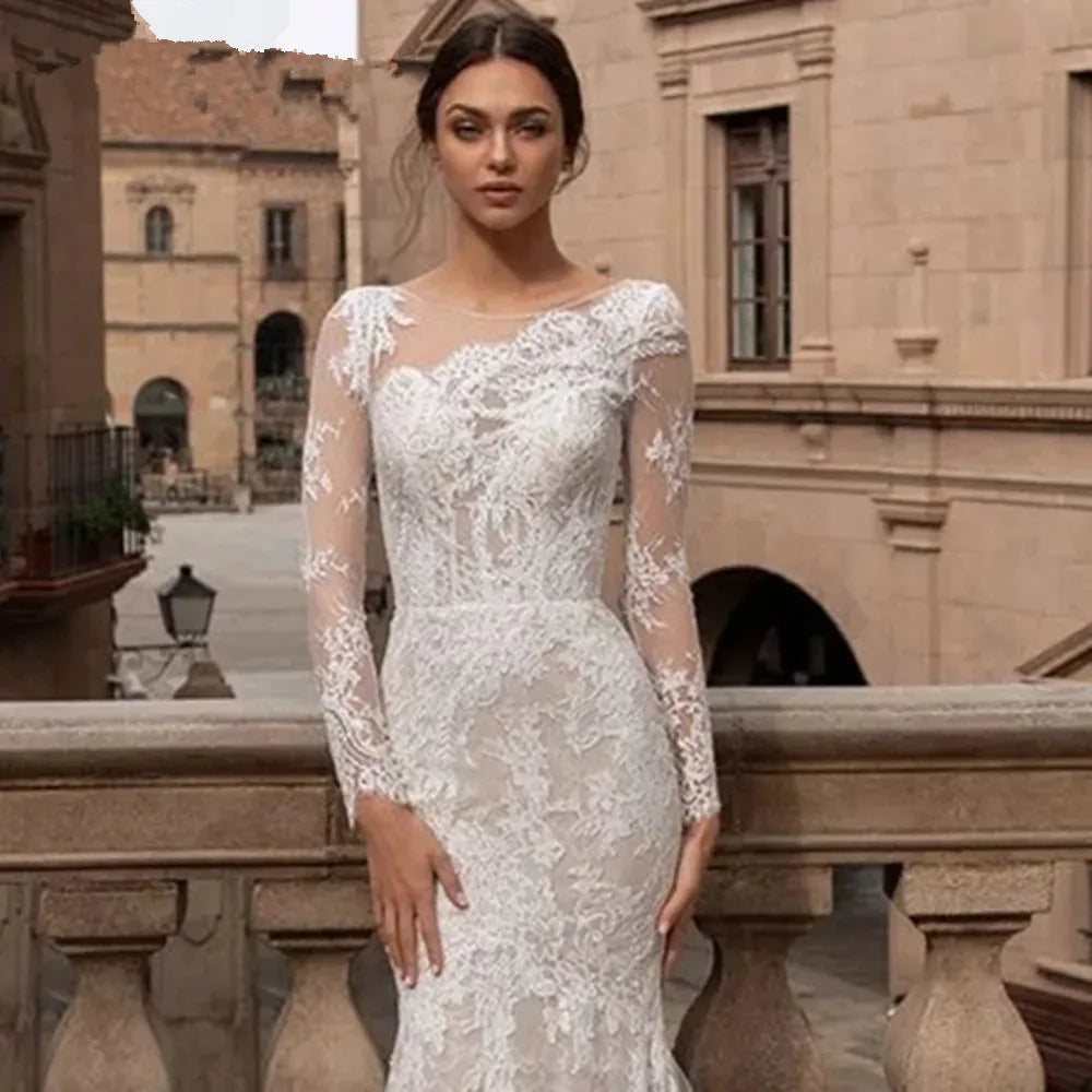 Exquisite Long Sleeves Mermaid Wedding Dresses Lace Appliques Bride Gowns Backless Sweep Train Vestidos De Noiva