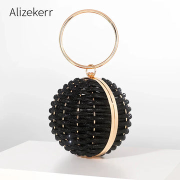 Rhinestone Round Evening Clutch Bags Women Boutique Circular Ball Shaped Woven Diamond Purses And Handbags Wedding