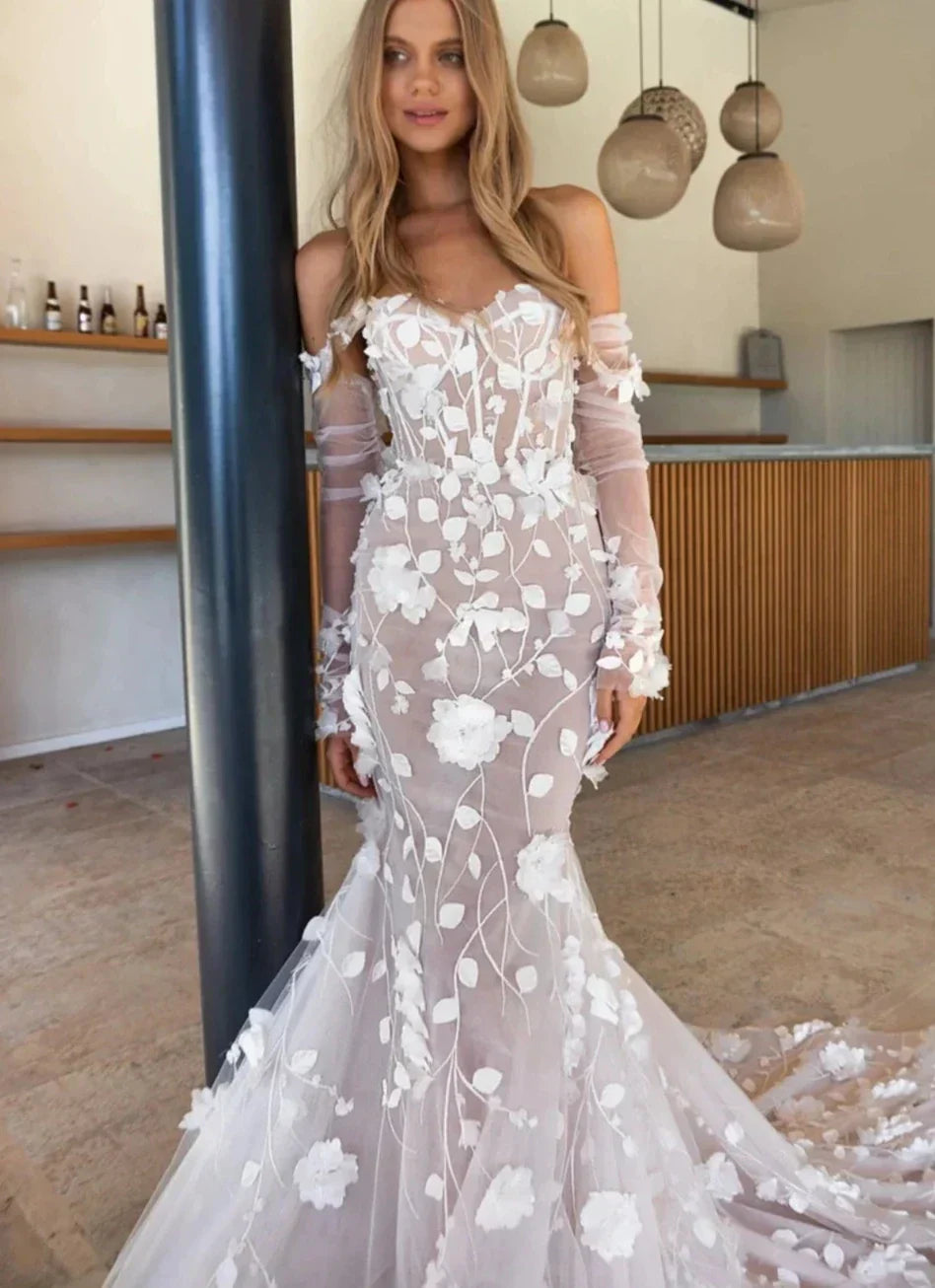 Off-shoulder long sleeve boho elegant 3D lace mermaid bridal gown side view