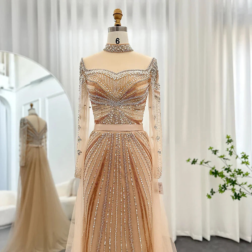 Luxury Champagne Mermaid Dubai Evening Dress with Detachable Overskirt Arabic Women Wedding Formal Party Gowns SS265