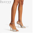 Open toe satin crystal chain ankle strap square thin high heel luxury wedding bride shoes side
