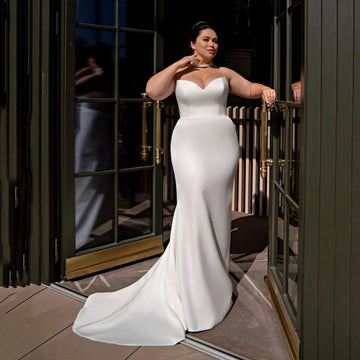 Customized Simple Strapless Mermaid Wedding Dress Plus Size Women's Wedding Gown Detachable Big Bow Large Bridal Dress
