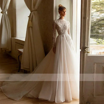 Gorgeous A-line high neck formal party long sleeve lace appliques luxury bridal gown front view