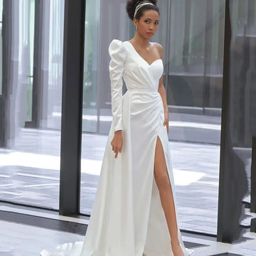 Sexy Satin White Wedding Dresses Single Long Sleeve Bride Dress Unique New Designer Beach Wedding Gowns 2024 Mariage