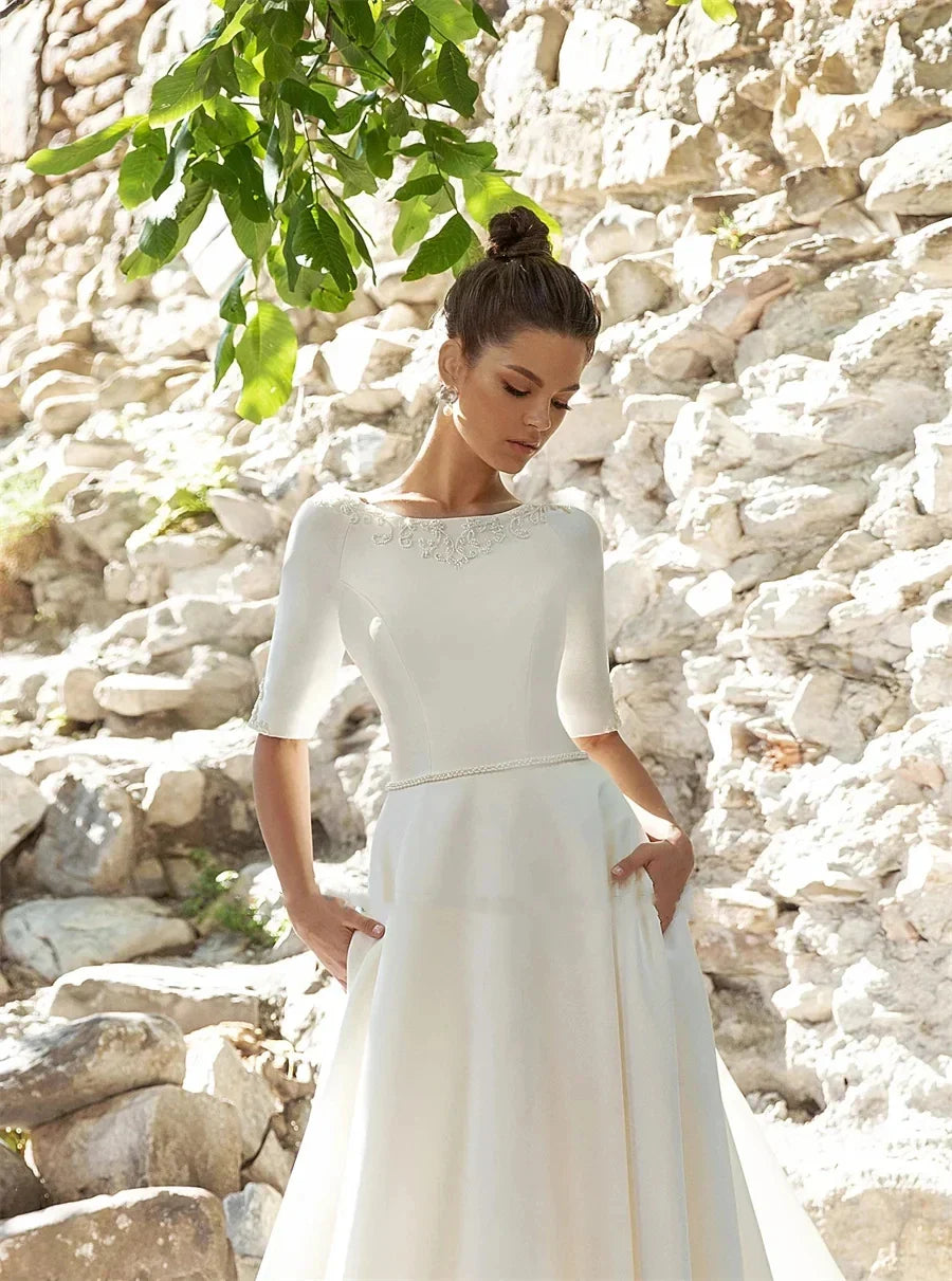 Simple Graceful Wedding Dresses With Pockets Elegant Bridal Gowns A-Line Robes Satin Three Quarters Sleeves Vestidos De Novia