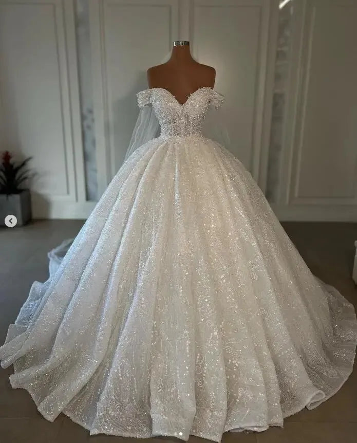 customize Sparkly Princess Wedding Dresses Ball Gown Sweetheart Off Shoulder Beaded Bride Dresses Sequins vestido de novi