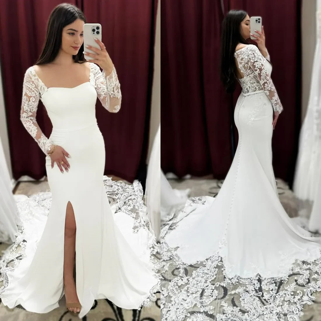 Luxury Mermaid Bridal Wedding Dress Long Sleeve Decal beaded sexy High section Halter Sweep Train Beach Garden Bridal Dress