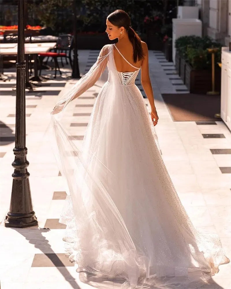 Exquisite one-shoulder shiny beading sequins high split lace-up backless bridal gown front view