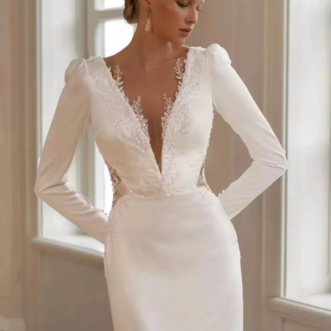 Elegant wedding dress 2026 deep V-neck long sleeves beaded sequins lace sweep train bridal gown