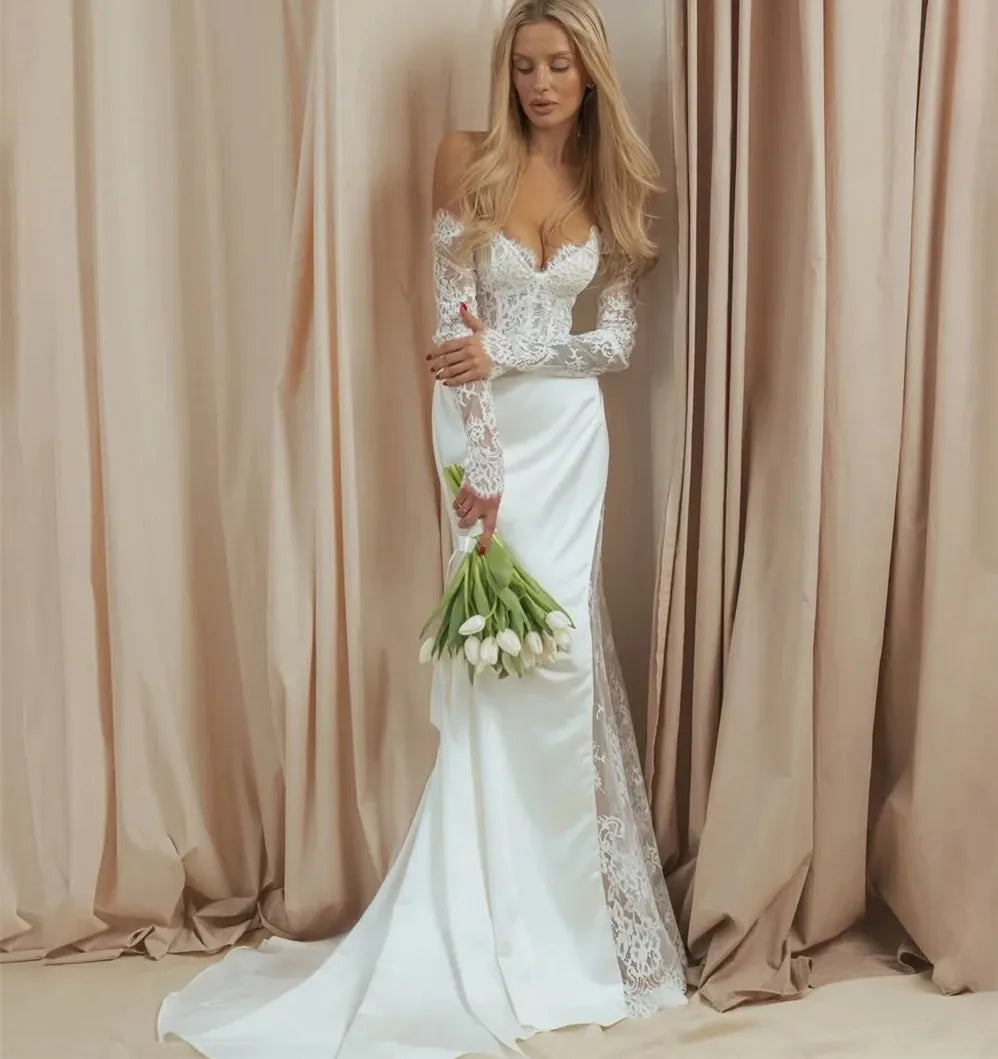 Sexy mermaid wedding dress 2026 off-the-shoulder long sleeves split lace satin boho bridal gown