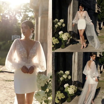 Sexy low cut V-neck fluffy long sleeve tight wedding dress tulle lace bridal dress Beach mini short reception bridal dress new