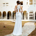 Satin bow lace-up high neck sweep train luxury mermaid sleeveless wedding dress back view