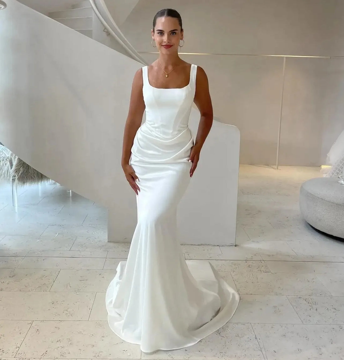 Elegant mermaid wedding dress 2026 scoop neck wide straps pleated satin sweep train bridal gown