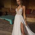 Lace Appliqué Sweep Train Wedding Dress For Women Sexy A-Line Split Spaghetti Backless V-Neck Bridal Gown Robe De Mariée
