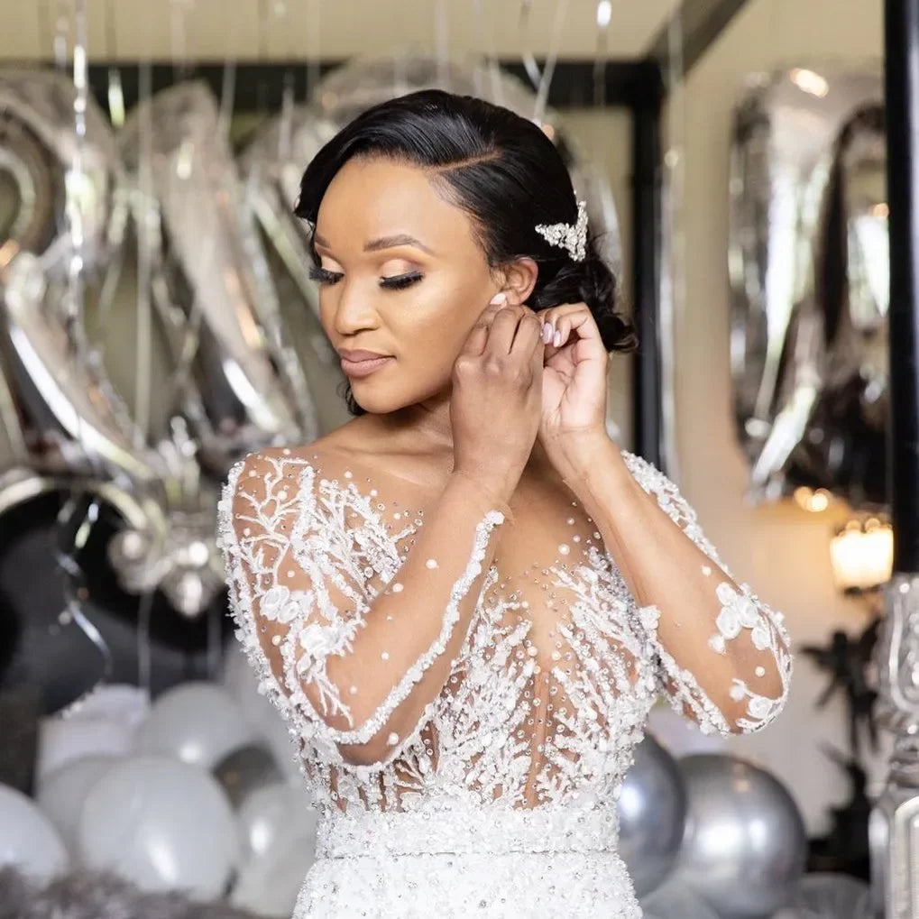 Long Sleeves Vestidos De Novia African Heavy Handwork Sequins Beads Plus Size  Two in One Wedding Dresses With Detachable Train