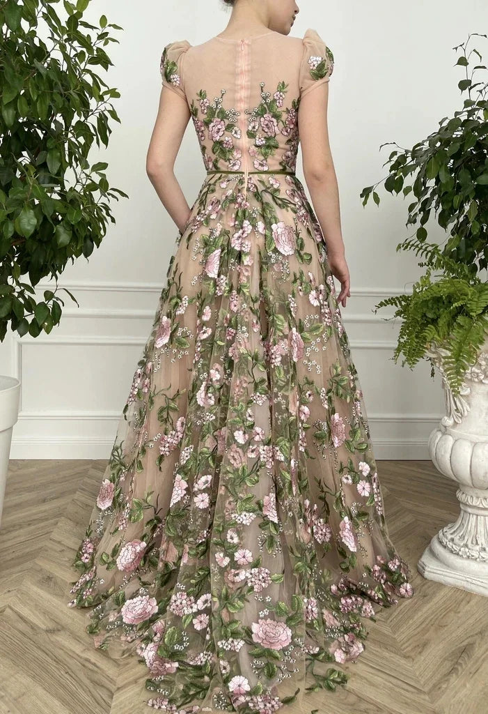 Customized Graceful Moroccan Evening Dresses A-line Cap Sleeves Tulle Appliques Long Turkey Dubai Saudi Arabia Prom Dress Gown