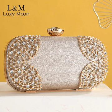 Hollow Out Diamond Evening Purse Ladies Mini Glitter Crystal Rhinestone Dressed Hand Bag Women Wedding Party Clutch Gold XA828H