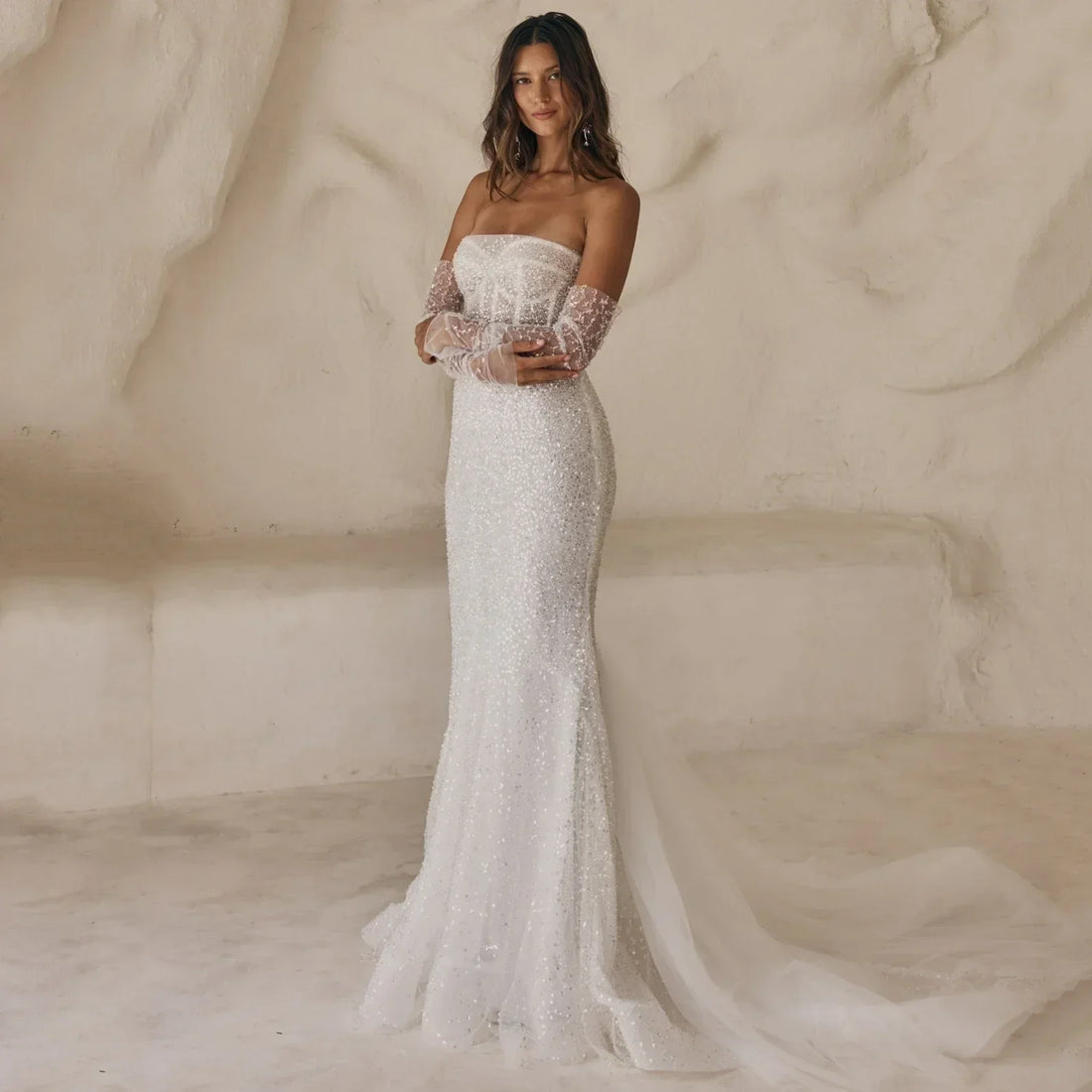 Glitter fishtail sequin mermaid detachable long sleeve formal party bridal gown front view