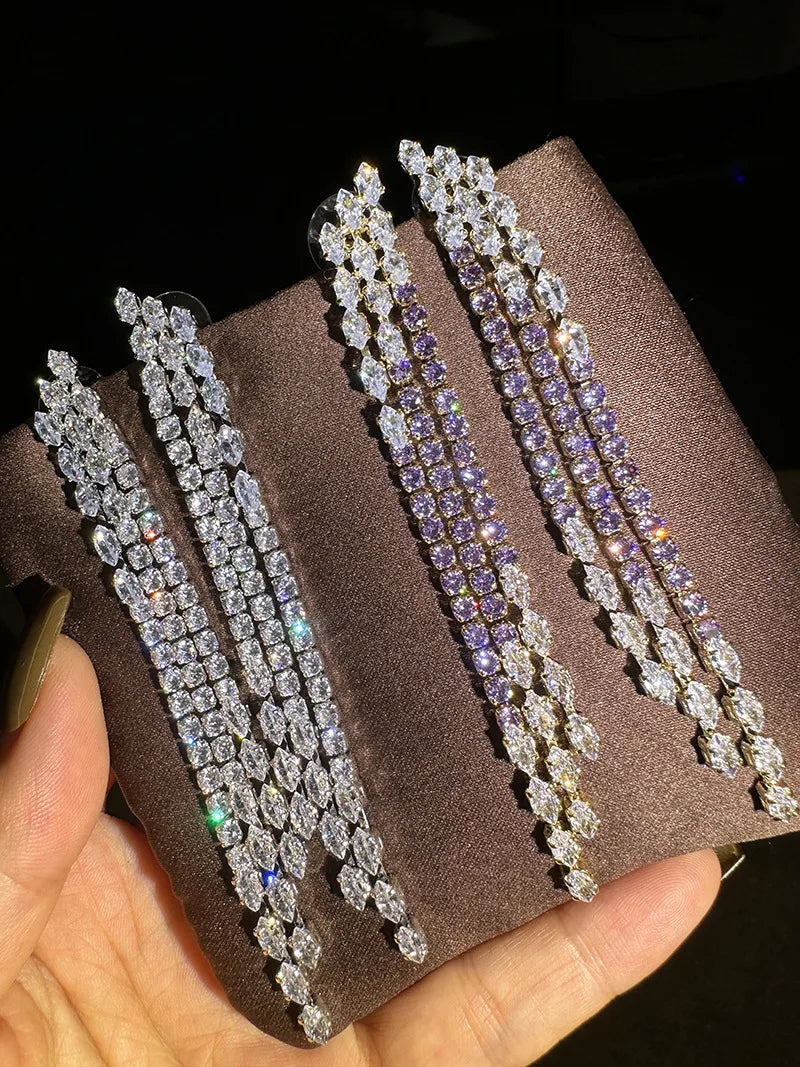 Luxury Long AAA Zircon Bridal Earrings CZ Cubic - detail view