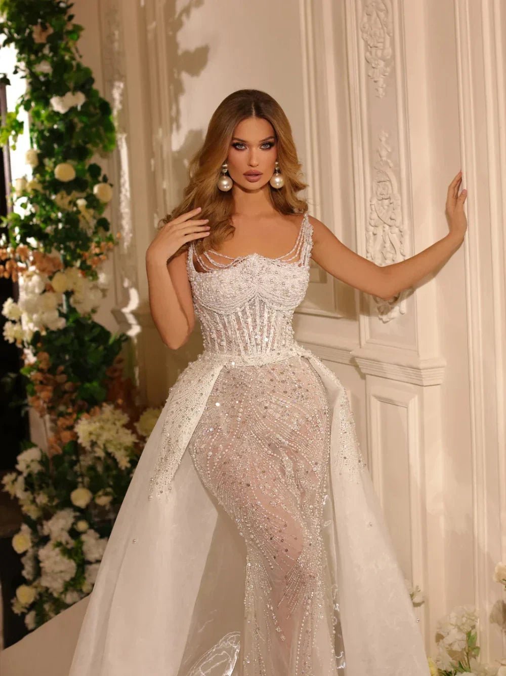 Graceful mermaid vintage sparkly pearls beaded luxury floor-length bridal gown front view