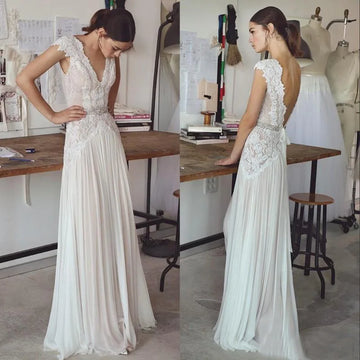 VENSANAC Boho Crystal Sash V Neck A Line Wedding Dress Lace Appliques See Through Back Sweep Train Bridal Gown