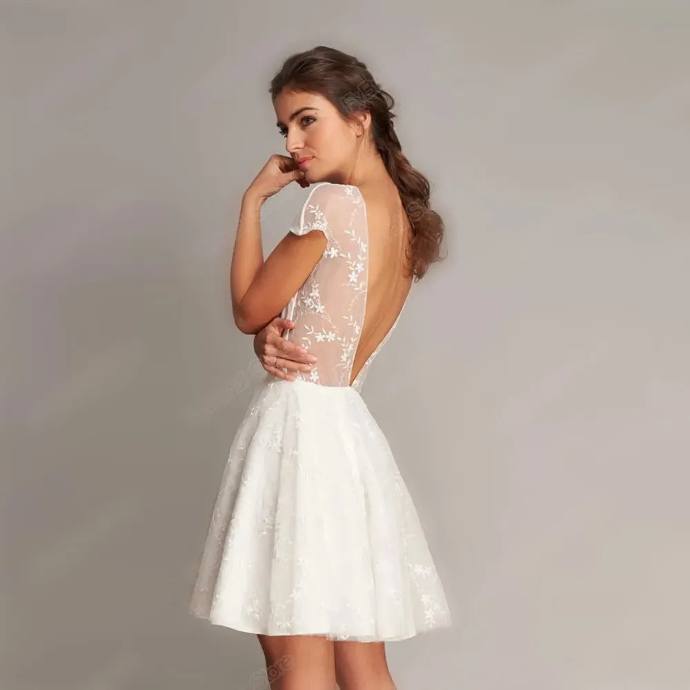 New short A-line wedding dress scoop neck cap sleeve backless satin floral lace bridal party gown