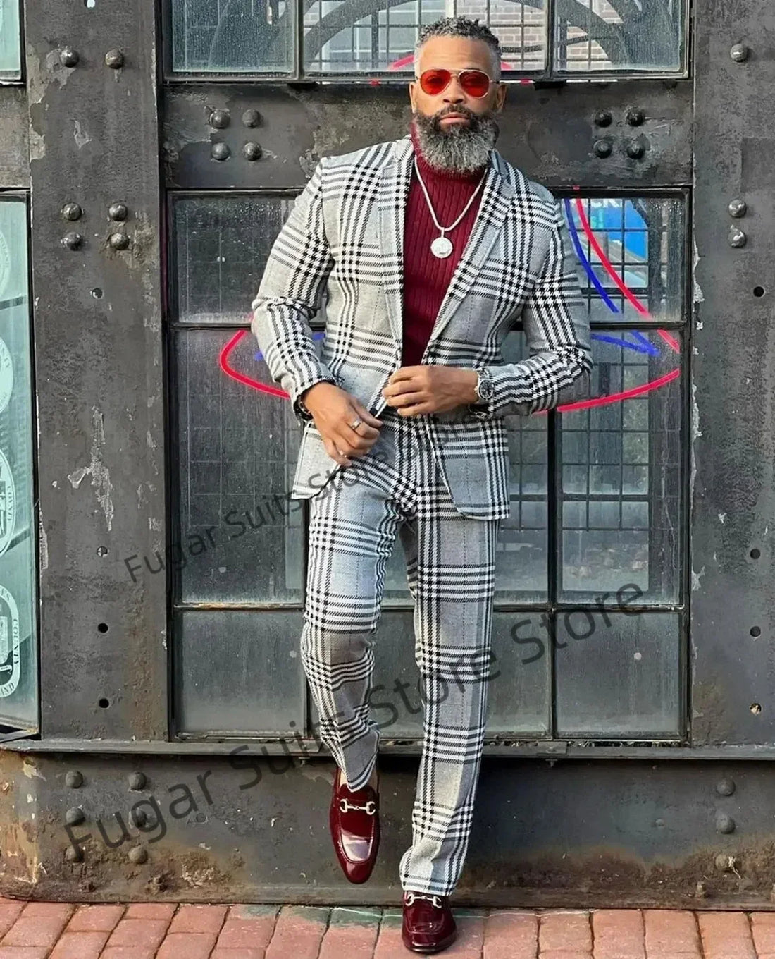 Classic gray checkered men suit slim notch lapel 2 pieces groom wedding tuxedo blazer trousers