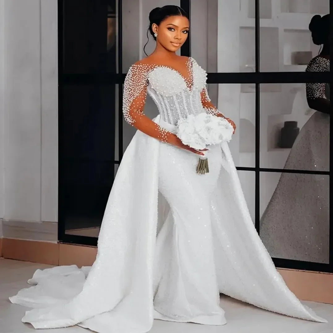 customized Aso Ebi Mermaid Wedding Dress Bridal Gowns Detachable Train Illusion Beaded Lace Pearl Vestidos De Noiva