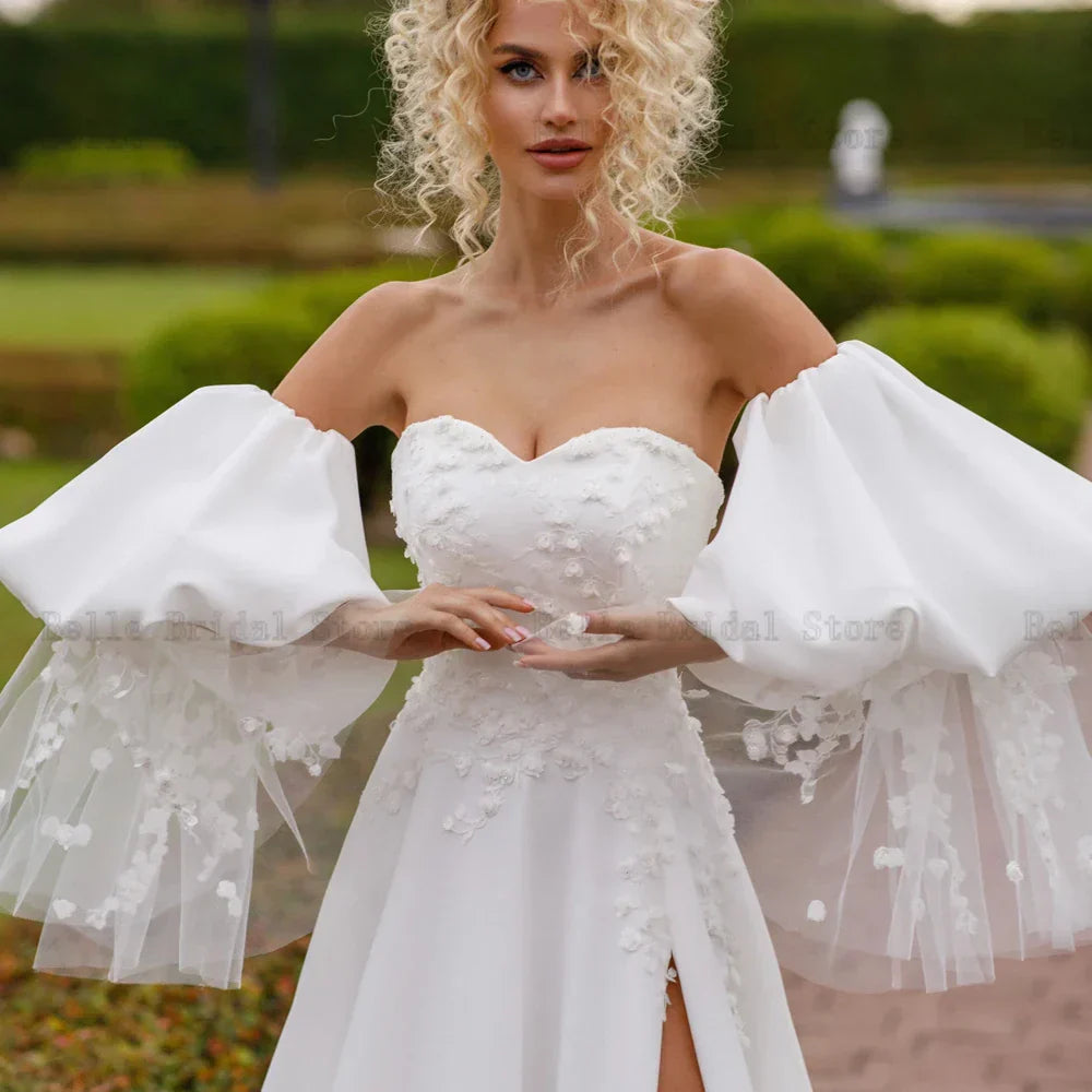 Modern Wedding Dresses Sweetheart Neck Long Puff Sleeves A-Line Bridal Gowns Appliques Sweep Train Front Slit Vestidos De Novia