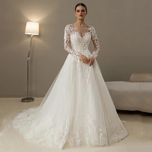 Customized Luxury Long Sleeves Vestidos De Novia Scoop Neck Pearls Beading Lace Wedding Dresses Appliques Vestido De Noiva 2025