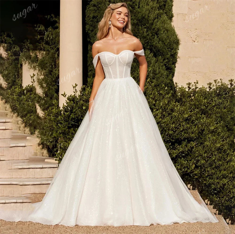 Sparkly tulle A-line off-shoulder sweetheart princess bridal gown size chart