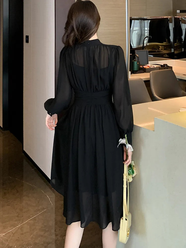 Women Korean Vintage Hepburn Dress Black Chiffon Long Sleeve Midi Dress Spring Summer Elegant Luxury Party Evening Dresses