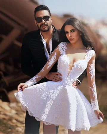 Fashion Long Sleeve Lace White Short Wedding Dress Sheer Neck Bride Dresses vestido corto de novia Plus Size Bridal Gowns