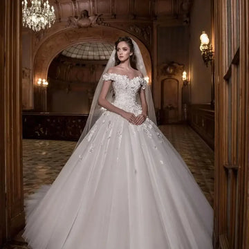 Elegant Wedding Dresses 3D-Flower Ball Gowns Off The Shoulder  Beading Vestidos De Novia Customized plus Size Bride Dress