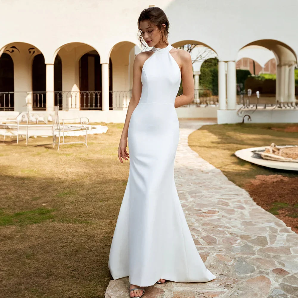 High neck luxury mermaid satin bow sweep train lace-up sleeveless bridal wedding gown close-up