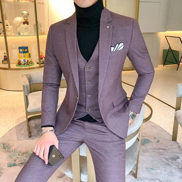 Luxury Men Dress Suits British 3Piece Set Men Wedding Suit New Fall Mens Business Formal Plaid Suit Men Slim Fit Dress Suit
