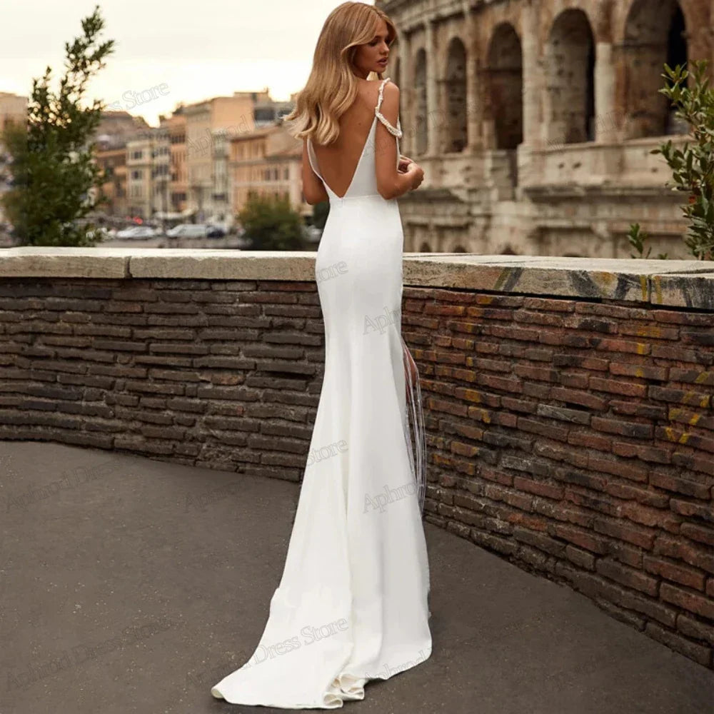 Sexy satin sheath mermaid spaghetti straps V-neck sleeveless high slit formal party wedding dress